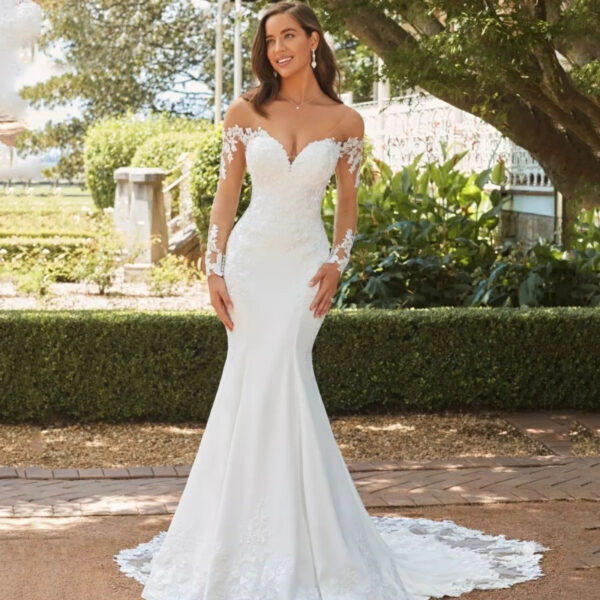 Long Sleeve Backless Lace Fishtail Wedding Dress - Image 5