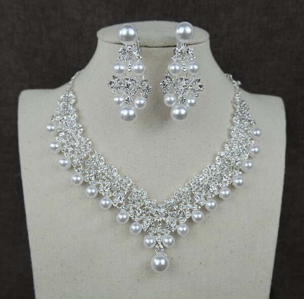 White pearl necklace diamond suit bride wedding accessories hair earrings set 0284 - Image 3