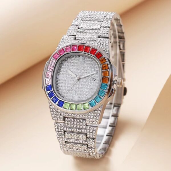 Full Diamond Inlaid Color Diamond Steel Belt Square Belt Calendar Quartz Wrist Watch - Image 4