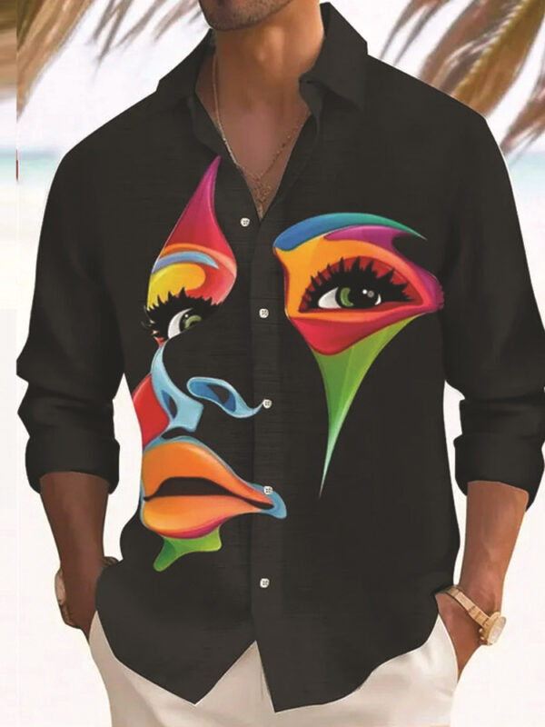 New Casual Striped Lapel 3D Digital Printing Men's Long-sleeved Shirt - Image 5