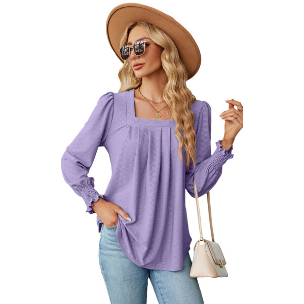 New Jacquard Pleated Square Neck T-shirt Fashion Solid Color Long Sleeve Pullover Tops Womens Clothing - Image 8