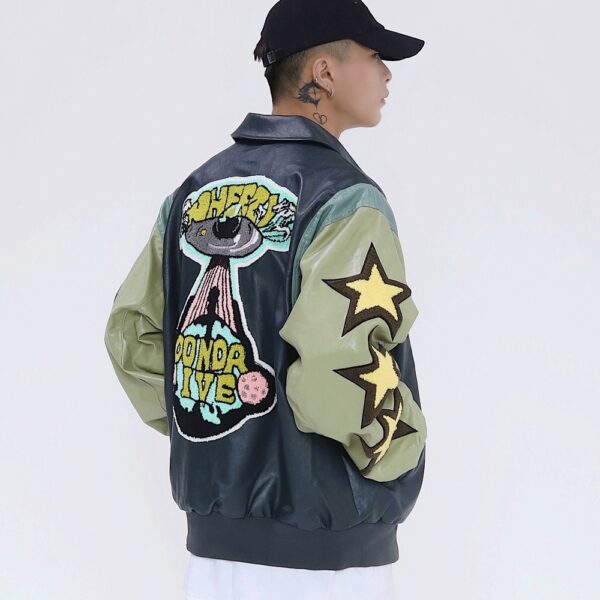 Cartoon Embroidery Contrast Color Stitching PU Leather Jacket Men's - Image 2