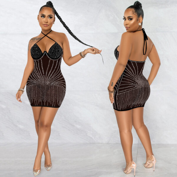 Sling Wrapped Chest Rhinestone Mesh Perspective Skirt Dress - Image 4