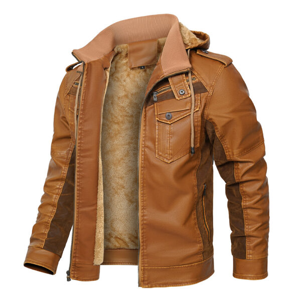 Hooded PU Leather Jacket Men's Winter Fleece Padded Coat European Size - Image 6