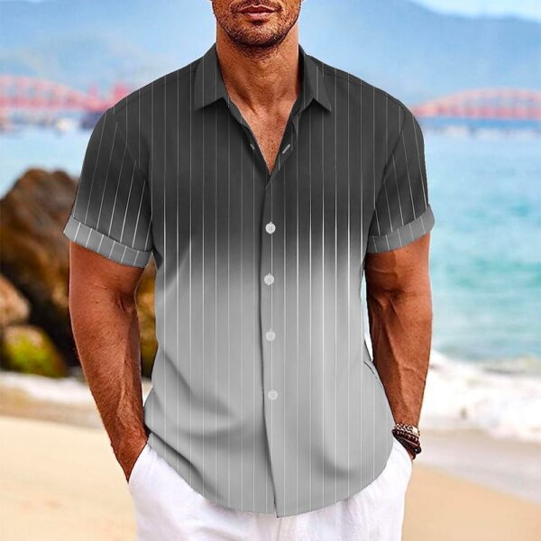 Lapel Button Short-sleeved Shirt Summer Fashion Gradient Striped Print Beach Shirt Leisure Tops Men's Clothing - Image 6