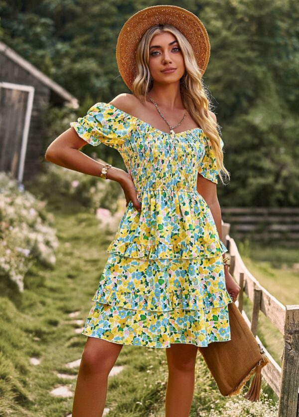 Floral Ruffle Summer Dress Short Sleeve Off Shoulder Mini Dress Beach - Image 6