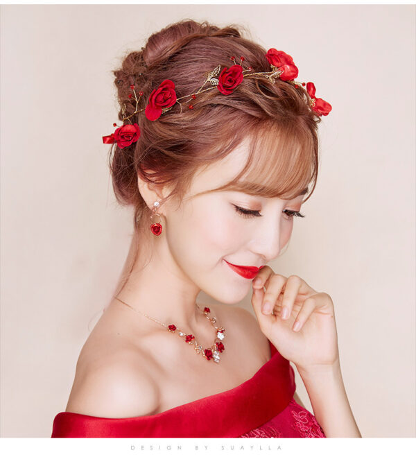 New Korean bridal jewelry necklace, earring, red rose necklace set, Wedding Toasting dress, accessories - Image 3