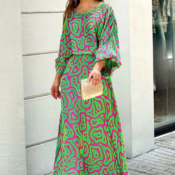 2pcs Women's Dress Suits Fashion Loose Printed Long Sleeve Top And High Waist Long Skirt - Image 2