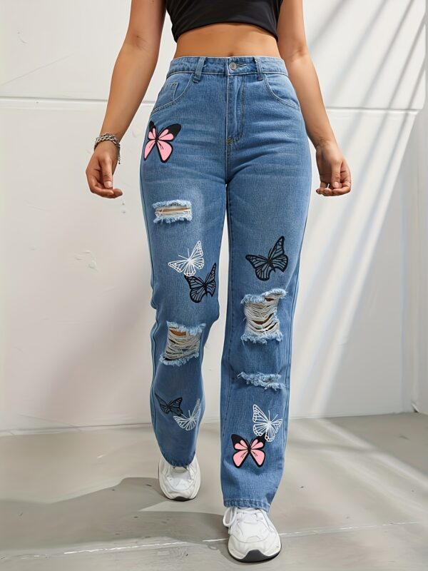 High Waisted Straight Leg Jeans For Women Trendy Butterfly Print Ripped Distressed Denim Pants - Image 5