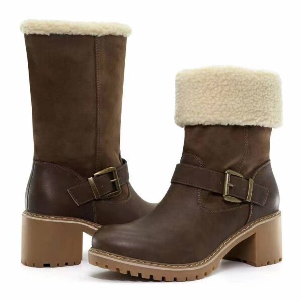 Fashion Boots With Buckle Chunky Heel Shoes Warm Winter Round Toe Western Boots For Women - Image 5