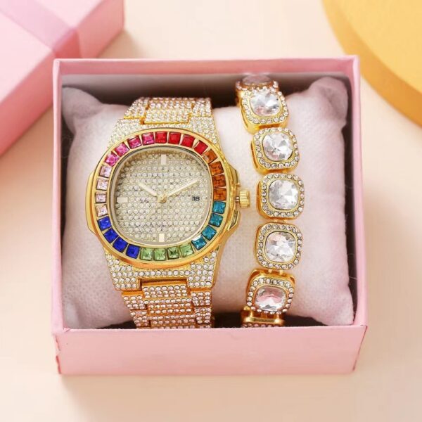 Full Diamond Inlaid Color Diamond Steel Belt Square Belt Calendar Quartz Wrist Watch - Image 6