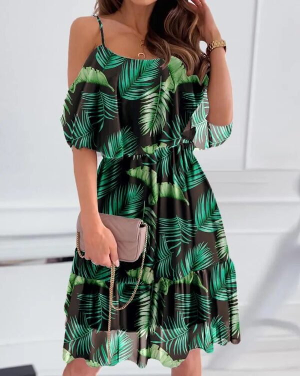 Flower Printed Ruffled Suspender Dress Summer Off-the-shoulder Strap Dresses Women - Image 9