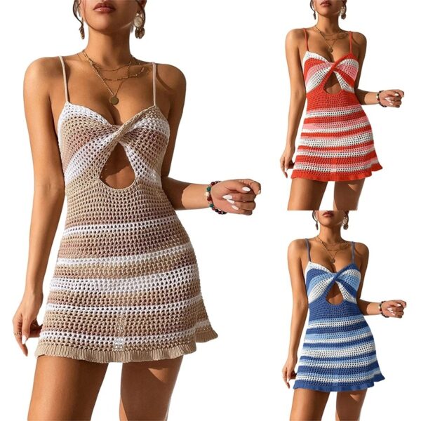 Women Knitted Spaghetti Strap Dress Summer Stripes Twisted Crochet Cutout Party Mini Dress For Beach Cocktail Nightclub - Image 5