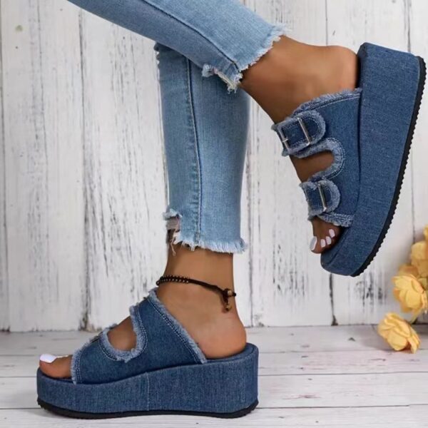 Fashion Denim Buckle Wedges Sandals Summer Outdoor High Heel Slippers Thick Bottom Camouflage Shoes For Women - Image 3