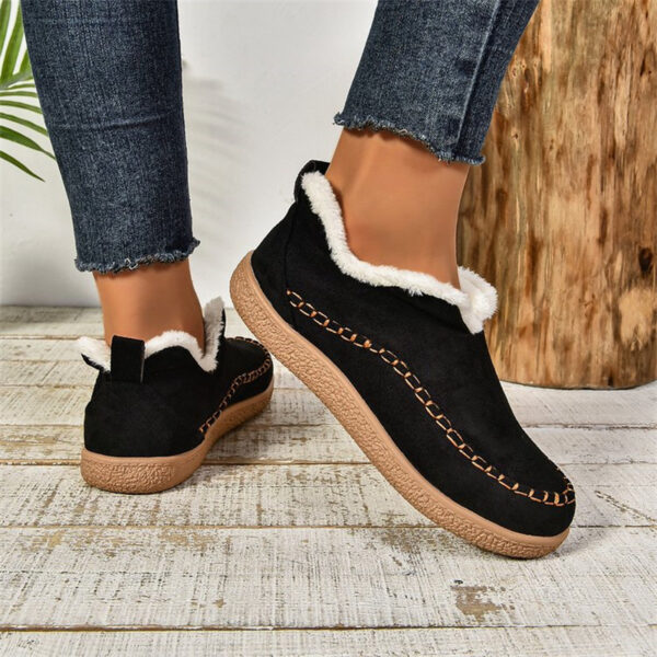 Fashion V-cut Plush Ankle Boots Winter Plus Velvet Flat Snow Boot Casual Warm Solid Suede Cotton Shoes For Women - Image 2