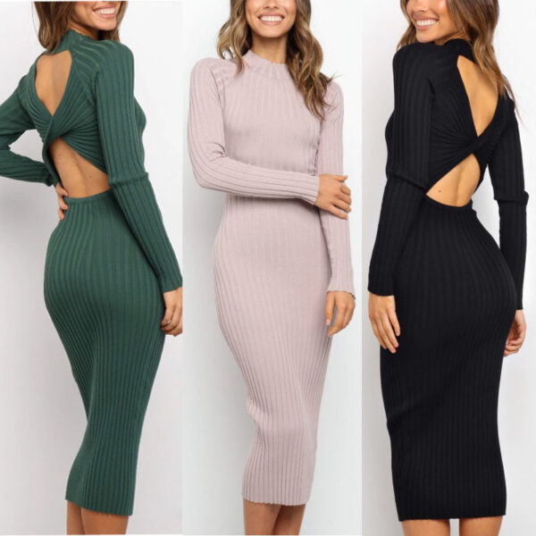 New Style Women's Suits Sweater Dresses Women's Solid Color Backless Bow Tight Dresses - Image 3