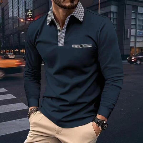 Leisure Plaid Lapel Polo Shirt Fashion Solid Color Long Sleeve Tops Men's Clothing - Image 8