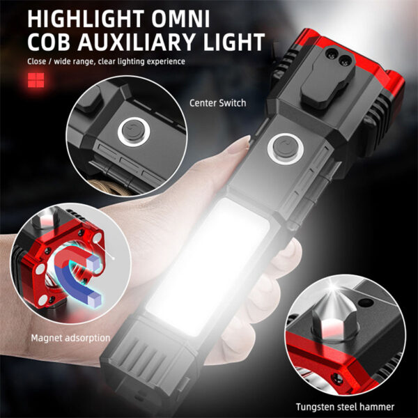 Car Safety Hammer Multifunctional Charging Power Work Light Emergency Fire Self-rescue Breaking Window Self-defense Flashlight - Image 4