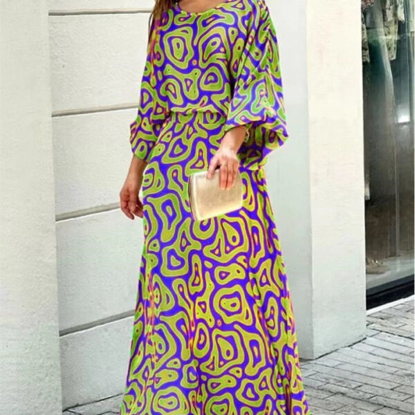 2pcs Women's Dress Suits Fashion Loose Printed Long Sleeve Top And High Waist Long Skirt - Image 4