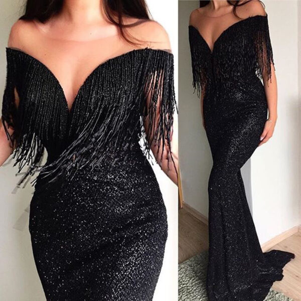 Explosion models sexy black sequins V-neck sleeveless slim dress long skirt - Image 6