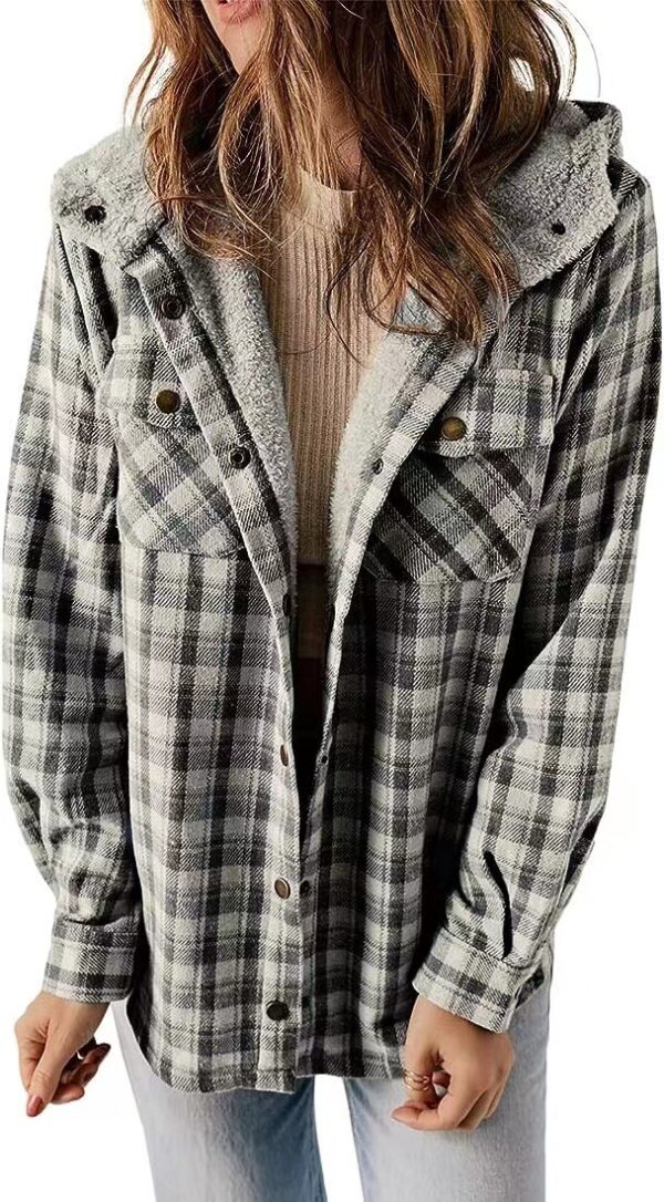 Casual Plaid Hooded Woolen Coat Thickened Fleece-lined Warm Jacket - Image 2