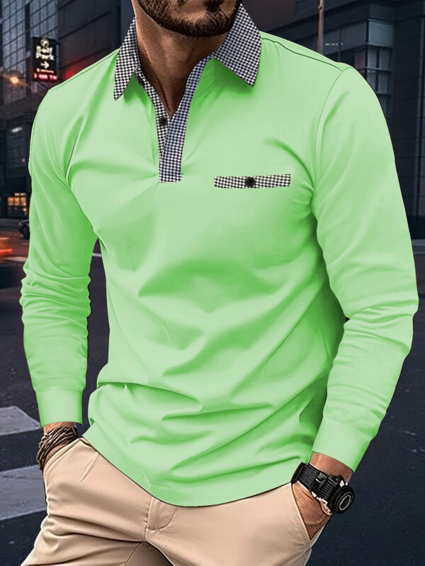 Leisure Plaid Lapel Polo Shirt Fashion Solid Color Long Sleeve Tops Men's Clothing - Image 4