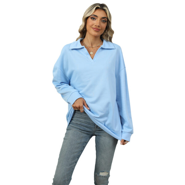 New Lapel V-neck Sweatshirt Fashion Casual Loose Solid Color  Long-sleeved Pullover Top For Womens Clothing - Image 4