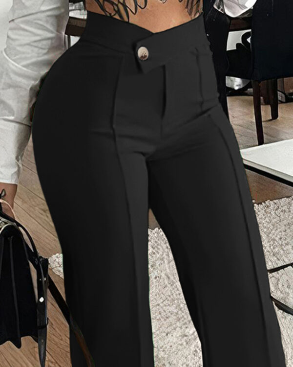 Slim Straight-leg Pants With Buckle Fashion Solid Color Trousers For Womens Clothing - Image 3