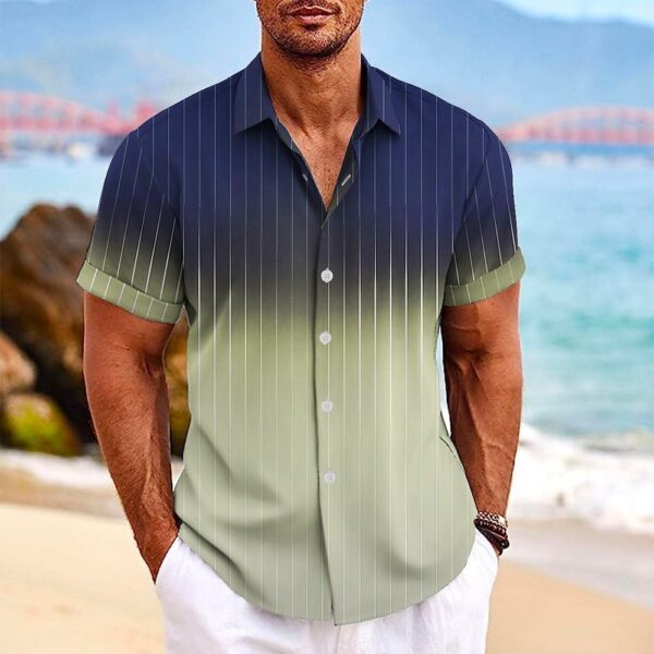 Lapel Button Short-sleeved Shirt Summer Fashion Gradient Striped Print Beach Shirt Leisure Tops Men's Clothing - Image 4