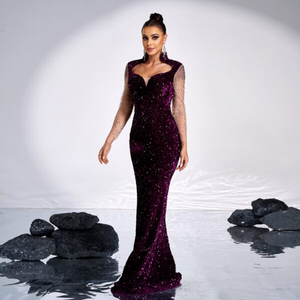 Long Sleeve Square-neck Banquet Sequined Rhinestone Fishtail Dress - Image 5