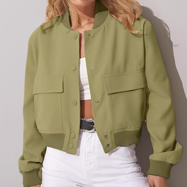 Fashion Button Stand-collar Jacket With Big Pockets Casual Loose Short Outwear Tops Coat For Women Clothing - Image 3