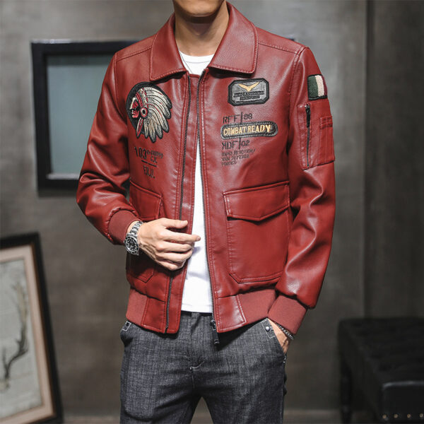 Men's Pu Leather Jacket Men's Lapel Embroidery Motorcycle Jacket - Image 4