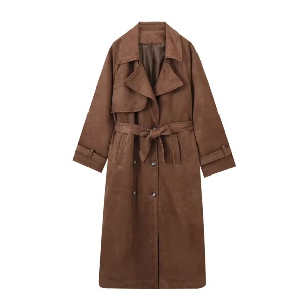 Double Breasted Lapel Shift Coat With Belt Fashion Vintage Suede Long Coat Winter Outwear Women's Clothing - Image 2