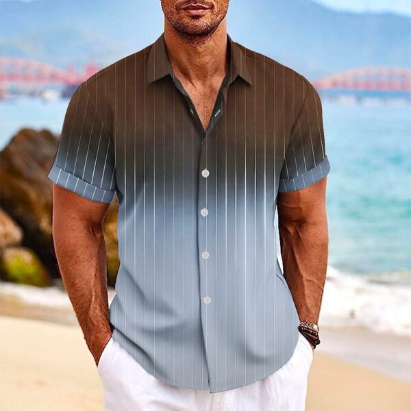 Lapel Button Short-sleeved Shirt Summer Fashion Gradient Striped Print Beach Shirt Leisure Tops Men's Clothing - Image 7