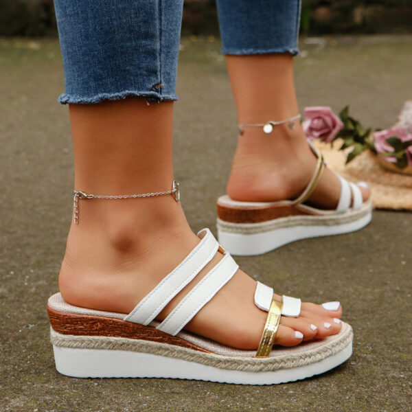 Colorblock-strap Wedges Sandals Summer Fashion Hemp Heel Slides Slippers Outdoor Thick Bottom Fish Mouth Shoes For Women - Image 3