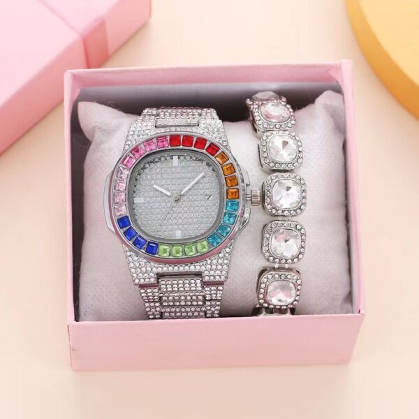 Full Diamond Inlaid Color Diamond Steel Belt Square Belt Calendar Quartz Wrist Watch - Image 2