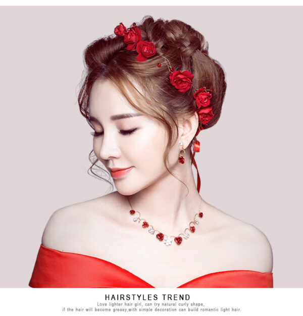 New Korean bridal jewelry necklace, earring, red rose necklace set, Wedding Toasting dress, accessories - Image 4