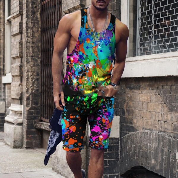 Men's Clothing Series Fashion Camisole Colorful Hip Hop Print Sleeveless Top Shorts Suit - Image 2