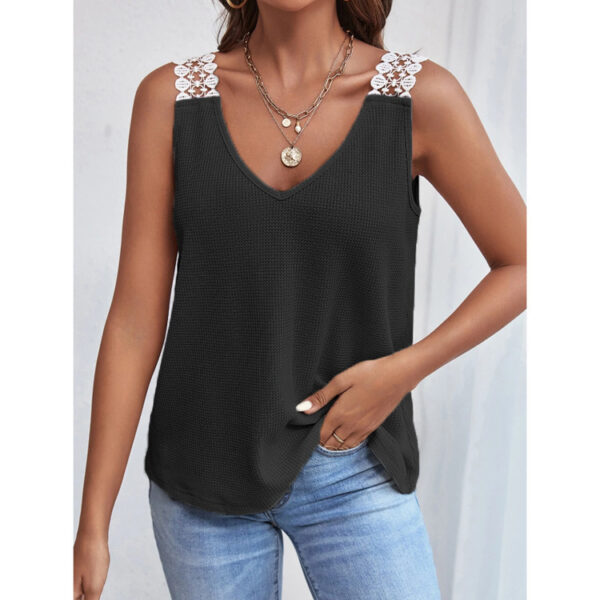 Waffle V-Neck Vest Sleeveless Lace Tank Shirt Tops Summer - Image 5