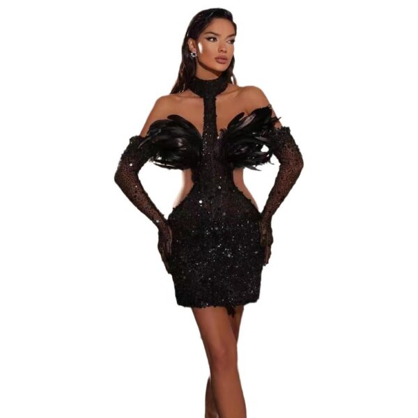 Dress Halter Feather Sequins Short Hip Skirt With Gloves Dress - Image 10