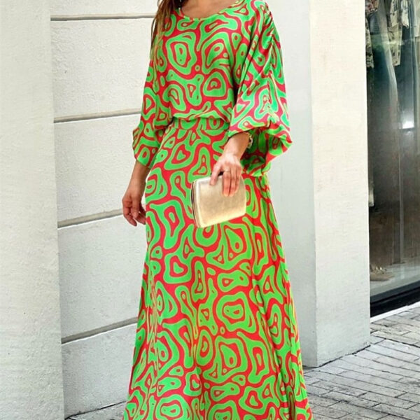 2pcs Women's Dress Suits Fashion Loose Printed Long Sleeve Top And High Waist Long Skirt - Image 9