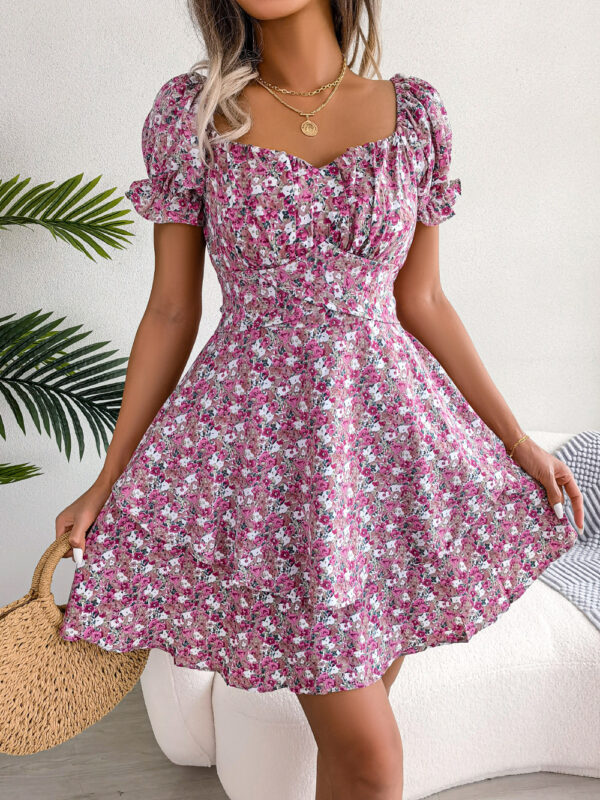 Women Mini Dress Temperament Big Swing Loose Hem Flower Print Shirring Dress Up Short Sleeves High Waist Summer Dress Clothes - Image 4