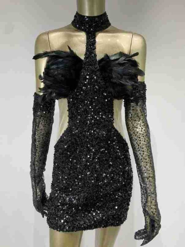 Dress Halter Feather Sequins Short Hip Skirt With Gloves Dress - Image 2