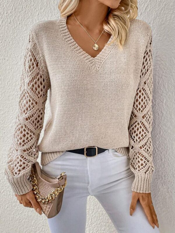 Solid V-neck Pullover Sweater With Hollow Long Sleeve Fashion Tops For Women Clothing - Image 6