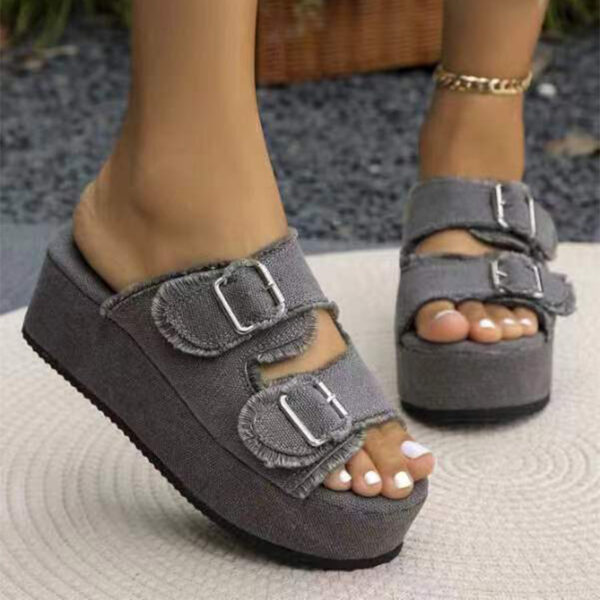 Fashion Denim Buckle Wedges Sandals Summer Outdoor High Heel Slippers Thick Bottom Camouflage Shoes For Women - Image 4