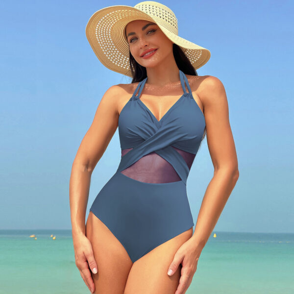 Halter-neck One-piece Swimsuit Summer Solid Color Cross-strap Design Mesh Bikini Beach Vacation Womens Clothing - Image 9