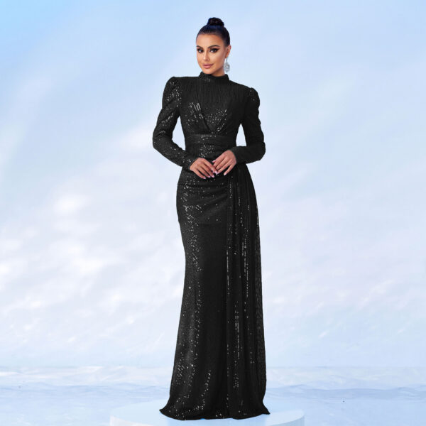 Long Sleeve Round Neck Sexy Slim Long Sequined Banquet Dress - Image 2