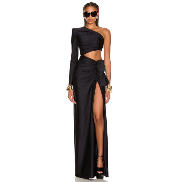 Women's Long Sleeved Hollow Slit Elastic Sloping Shoulder Dress - Image 3