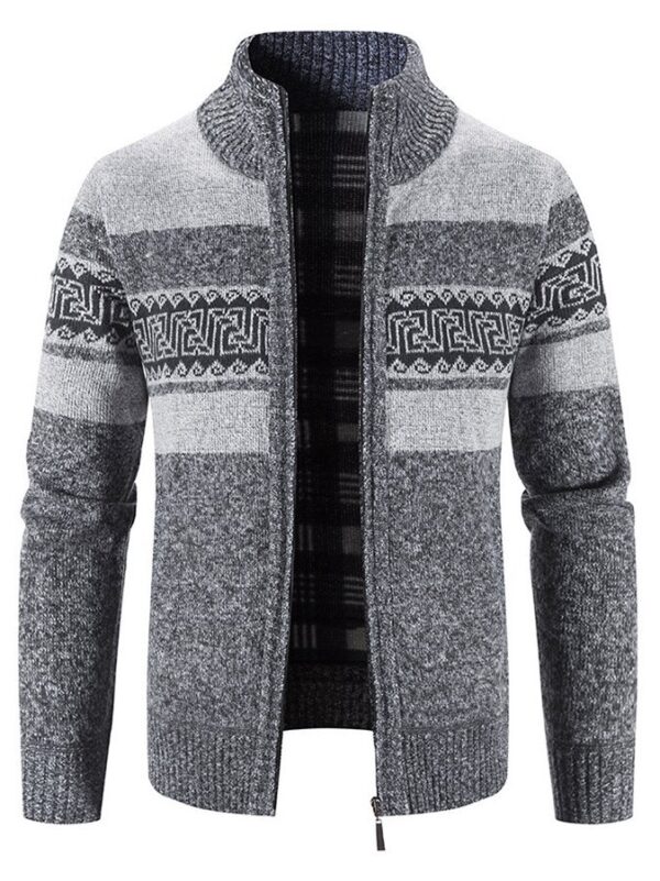 Casual Men's Hooded Color Block Printed Cardigan Knitted Cardigan Sweater Jacket - Image 4