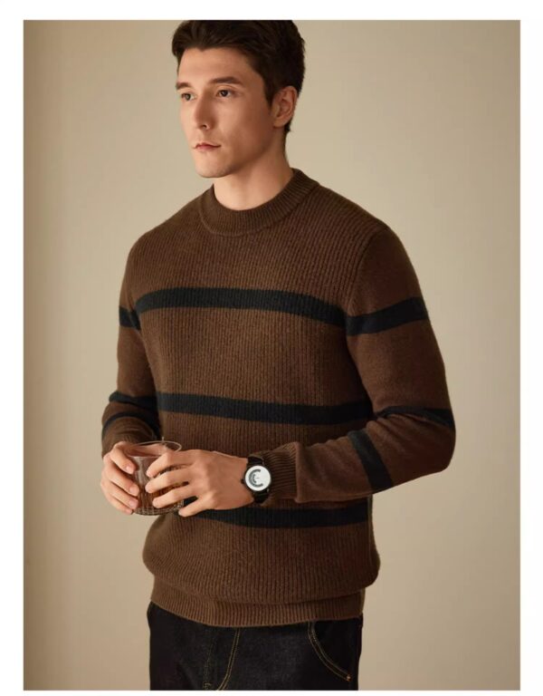 Pure Wool Men's Casual Striped Contrast Color Warm Sweater - Image 4